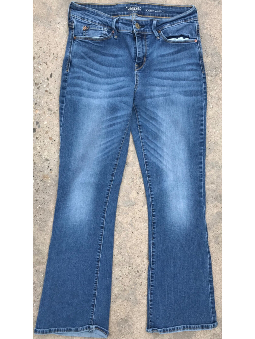 Levi Denizen Modern Bootcut Blue Denim Jeans Cotton Thigh Fading Bell Bottom